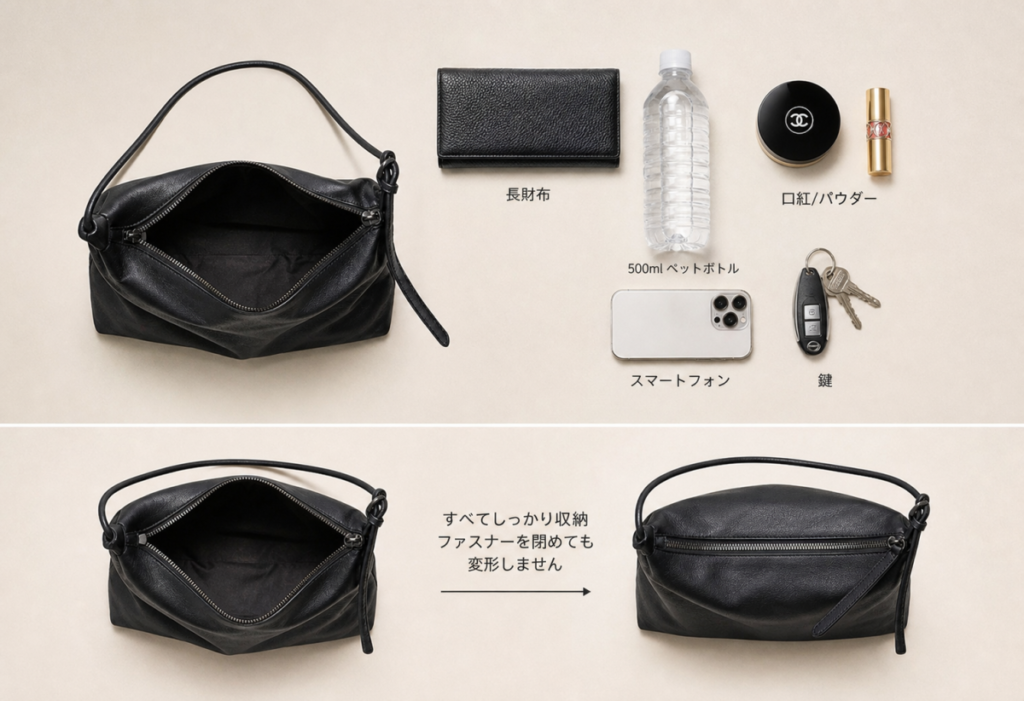 500mlペットボトルや長財布がすっぽり入るCORDELIA本革ミニバッグの驚きの収納力と内部構造